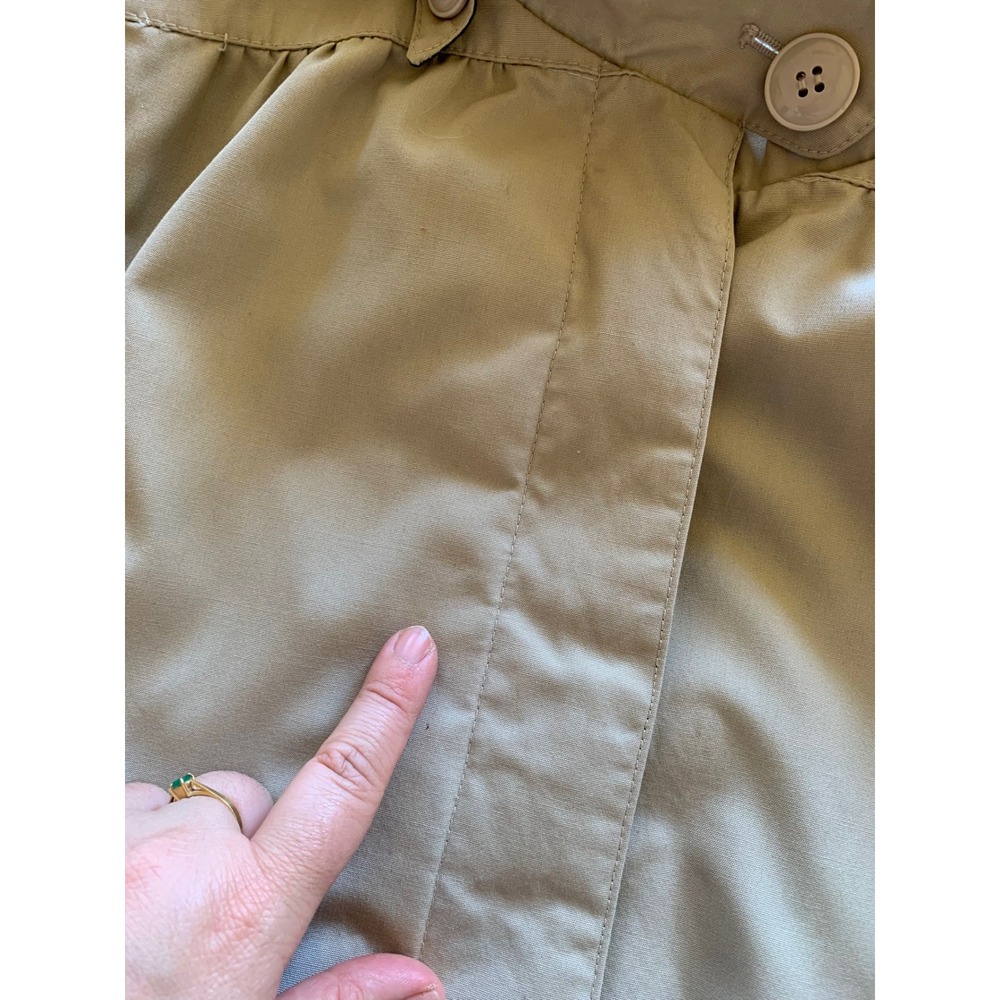 Vintage 80s Beige Trench Coat Green Accents & Hood Size 14 Duster Length Belt - Picture 7 of 12